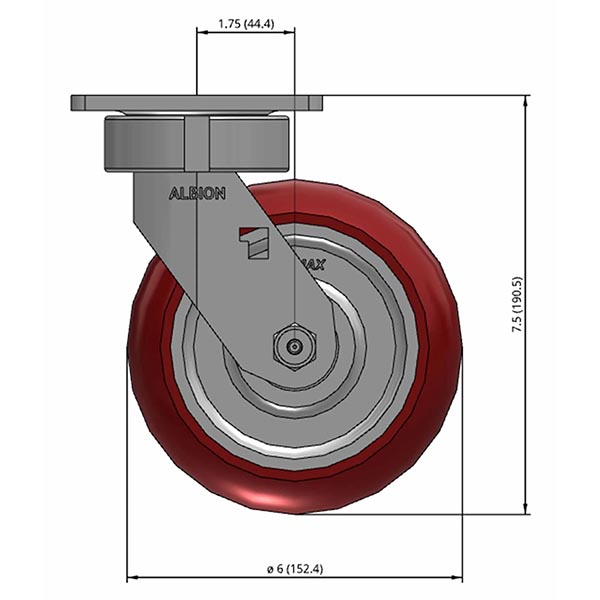 Side view drawing of caster with dimensions